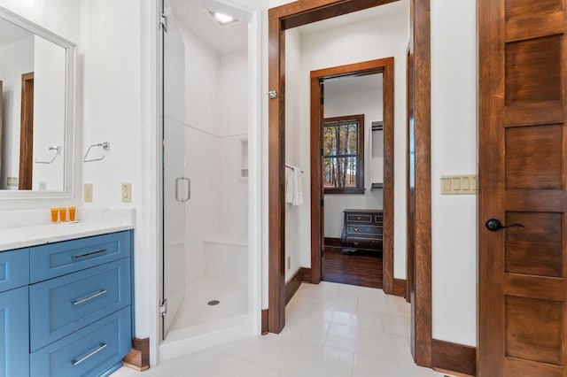 975 Blalock Lakes Dr, Newnan, GA 30263 - bathroom with a stall shower, vanity, and baseboards