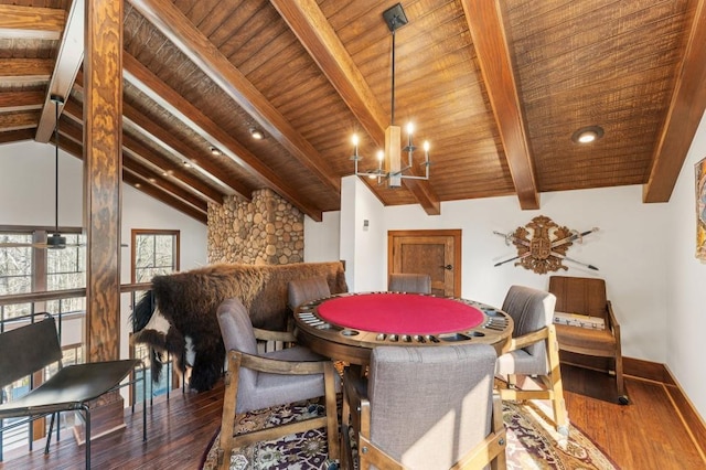 975 Blalock Lakes Dr, Newnan, GA 30263 - dining area with baseboards, wooden ceiling, wood finished floors, vaulted ceiling with beams, and an inviting chandelier