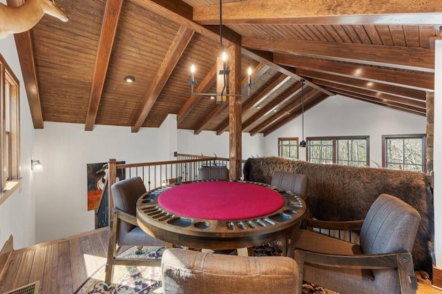 975 Blalock Lakes Dr, Newnan, GA 30263 - recreation room with wooden ceiling, visible vents, lofted ceiling with beams, and hardwood / wood-style floors