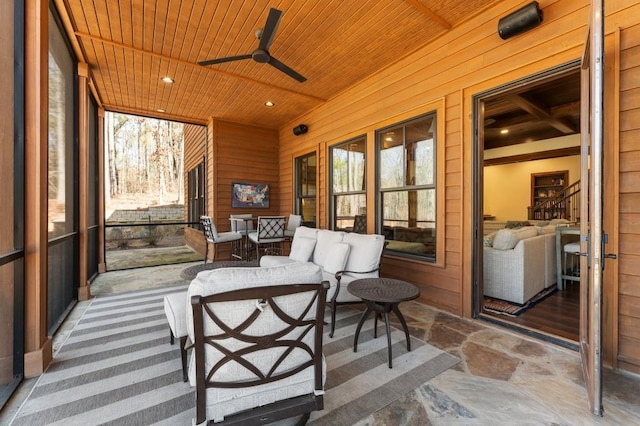 975 Blalock Lakes Dr, Newnan, GA 30263 - sunroom / solarium featuring wooden ceiling and ceiling fan