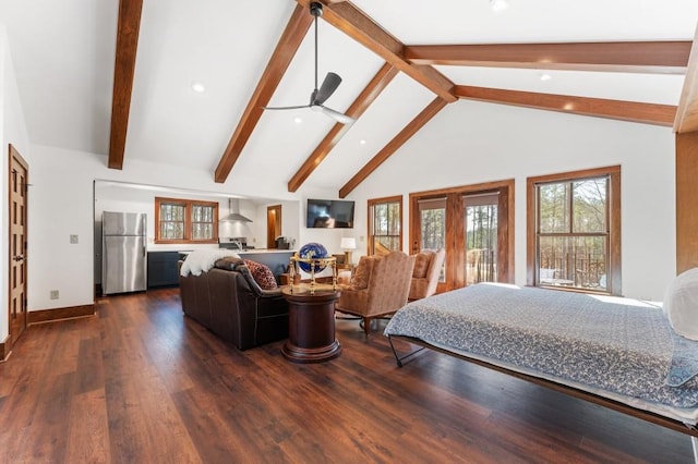 975 Blalock Lakes Dr, Newnan, GA 30263 - bedroom with high vaulted ceiling, freestanding refrigerator, beam ceiling, and dark wood finished floors