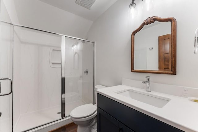 975 Blalock Lakes Dr, Newnan, GA 30263 - full bath featuring lofted ceiling, visible vents, toilet, a shower stall, and vanity