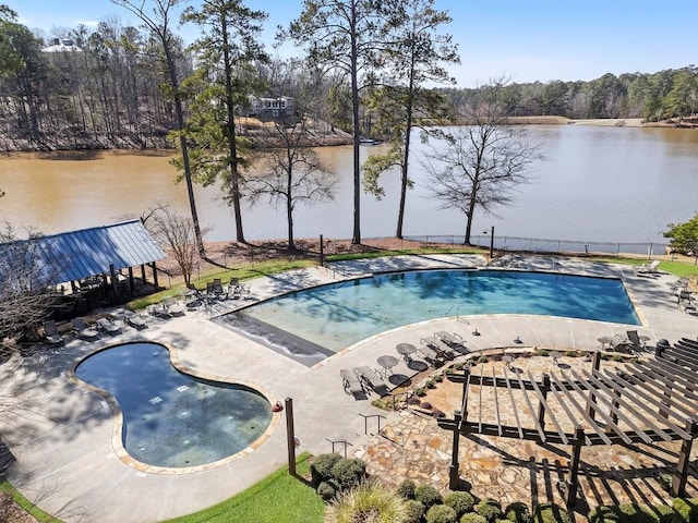 975 Blalock Lakes Dr, Newnan, GA 30263 - view of swimming pool featuring a fenced in pool, a water view, a patio, and fence