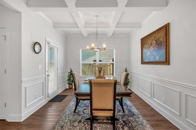 dining room with dark wood finished floors, beamed ceiling, coffered ceiling, and an inviting chandelier