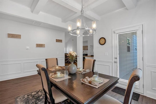 dining area featuring beamed ceiling, a notable chandelier, wood finished floors, and coffered ceiling