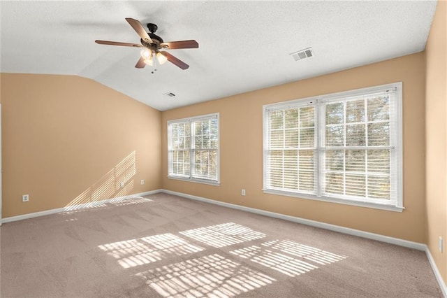 carpeted spare room with visible vents, lofted ceiling, a textured ceiling, and baseboards