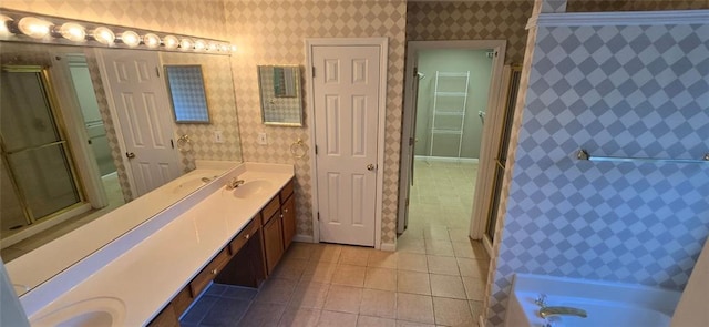 full bath featuring wallpapered walls, a bathing tub, a shower with shower door, vanity, and tile patterned floors