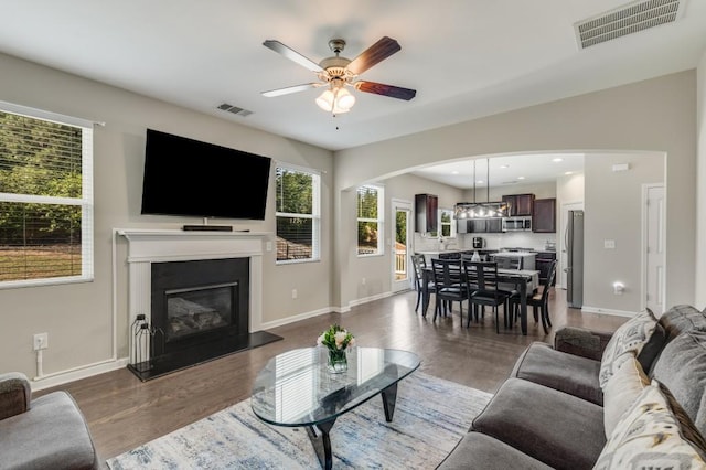 living room with ceiling fan, dark hardwood / wood-style flooring, and plenty of natural light