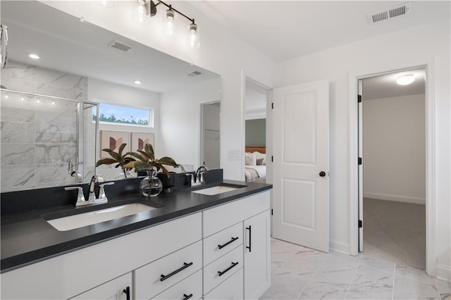 352 Foxglove Way, Mcdonough, GA 30253 - ensuite bathroom with marble finish floors, double vanity, a shower stall, and baseboards