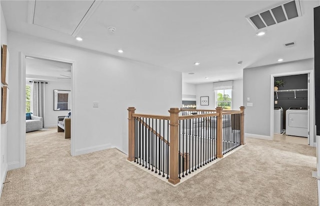 352 Foxglove Way, Mcdonough, GA 30253 - corridor featuring attic access, washer and clothes dryer, carpet flooring, an upstairs landing, and recessed lighting