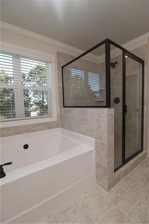 bathroom with a stall shower, a garden tub, and ornamental molding