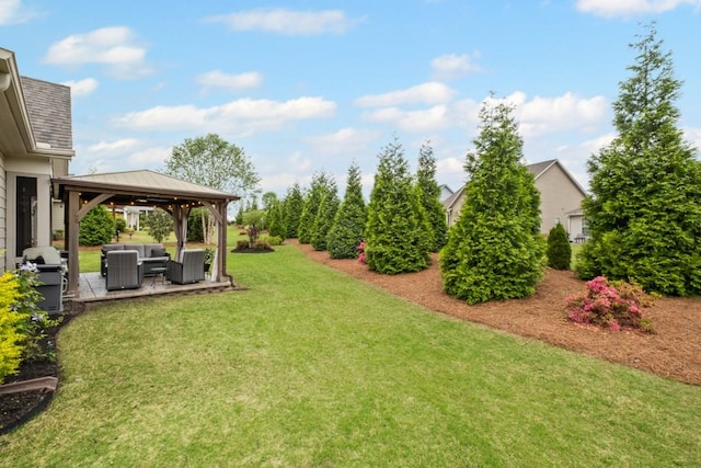 view of yard with an outdoor living space, cooling unit, a patio area, and a gazebo