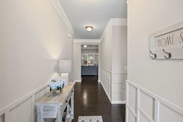 hallway featuring a decorative wall, ornamental molding, a wainscoted wall, and dark wood-type flooring