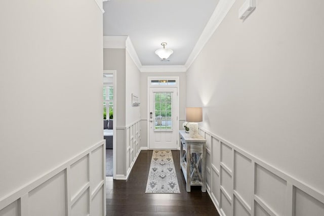 entrance foyer featuring wainscoting, ornamental molding, a decorative wall, and dark wood-style floors