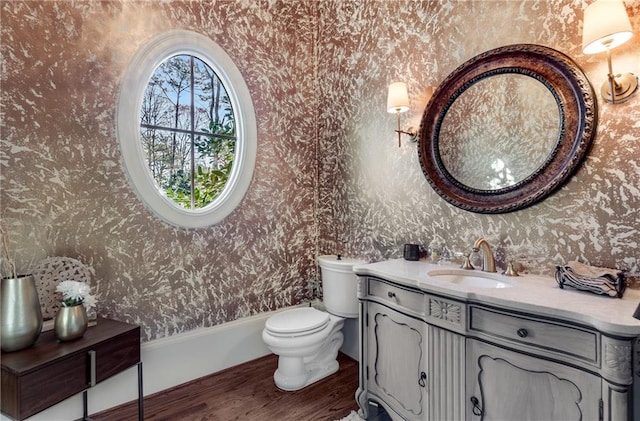 bathroom featuring wood-type flooring, toilet, and vanity