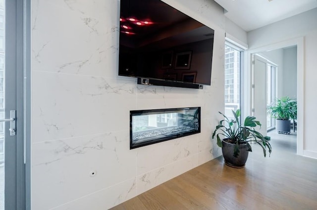 interior space with wood finished floors and a high end fireplace