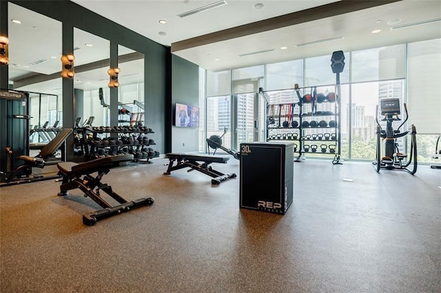 workout area featuring floor to ceiling windows and visible vents