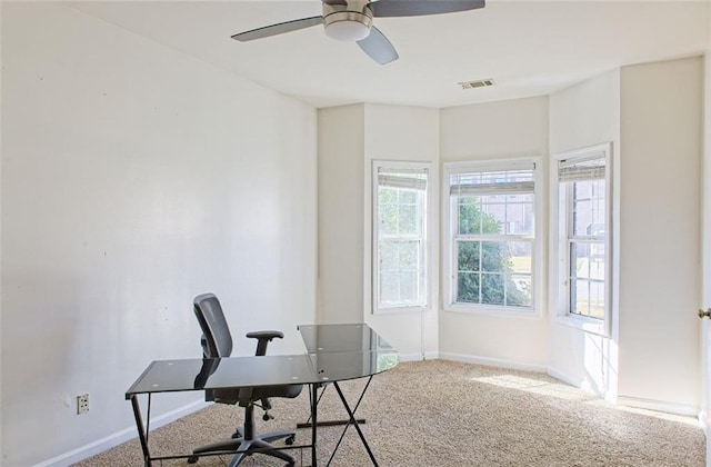 carpeted office featuring ceiling fan and a healthy amount of sunlight