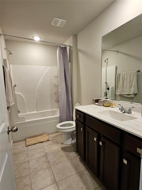 full bath with tile patterned flooring, visible vents, toilet, shower / bath combination with curtain, and vanity