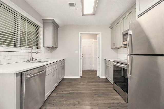3321 Georgian Woods Cir, Decatur, GA 30034 - kitchen with stainless steel appliances, gray cabinetry, backsplash, and dark wood-style flooring