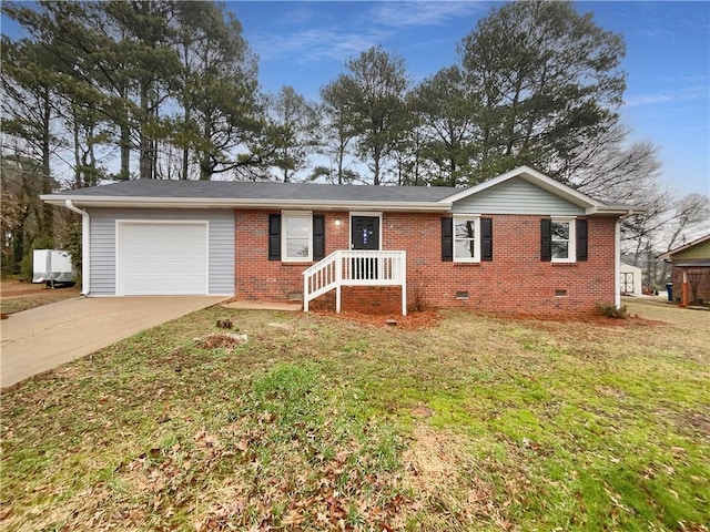 single story home with crawl space, an attached garage, concrete driveway, and brick siding