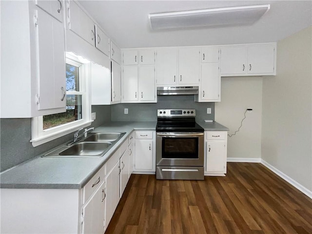 kitchen featuring stainless steel electric range, sink, white cabinetry, and dark wood-type flooring