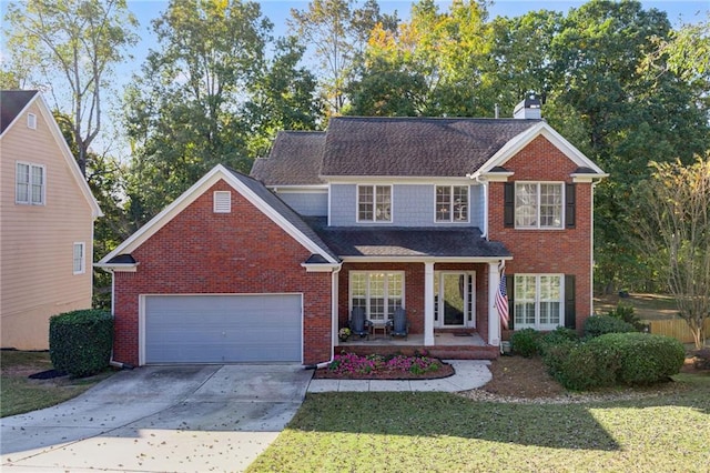 traditional-style house featuring covered porch, a garage, concrete driveway, a front lawn, and a chimney