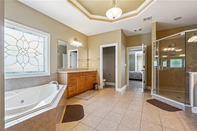 full bath featuring visible vents, a whirlpool tub, and a stall shower