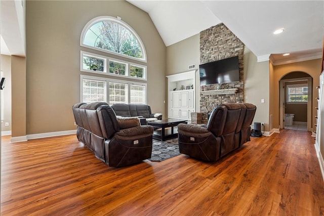 living room featuring a fireplace, arched walkways, wood finished floors, and a wealth of natural light