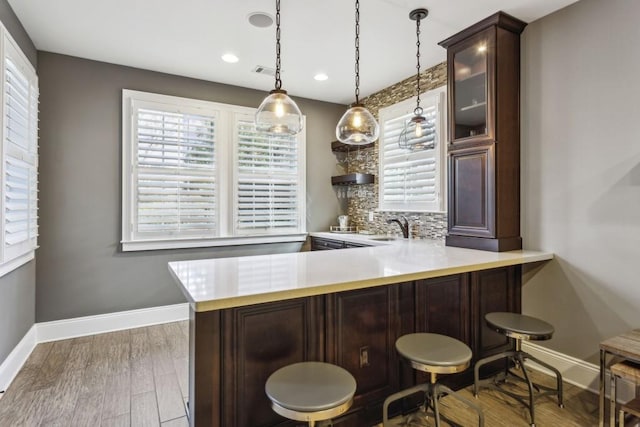 bar with wood-type flooring, plenty of natural light, dark brown cabinetry, and decorative backsplash