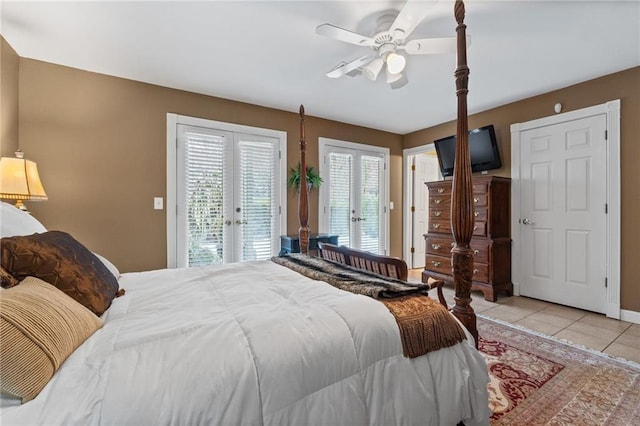 bedroom featuring french doors, ceiling fan, access to exterior, and light tile patterned floors