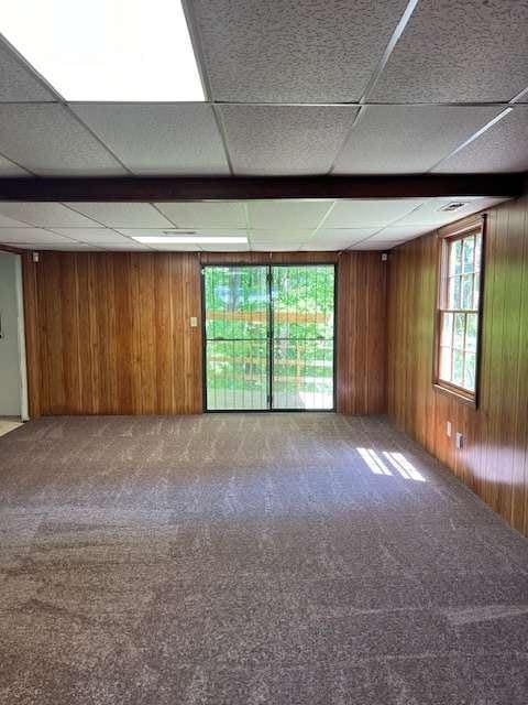 carpeted spare room with wooden walls