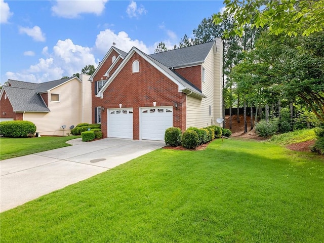 3515 Mcclure Woods Dr, Duluth, GA 30096 - view of front of property with brick siding, concrete driveway, a chimney, and a front lawn
