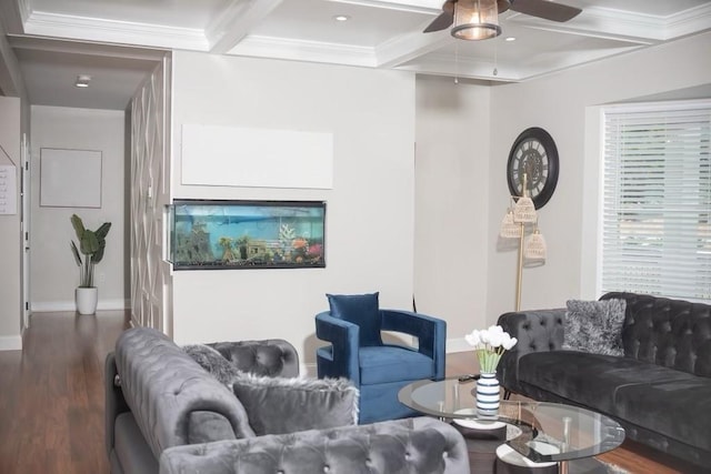 living room with ornamental molding, coffered ceiling, dark wood-type flooring, and beam ceiling