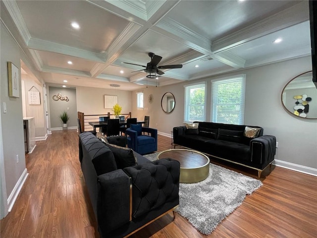 living room with coffered ceiling, beam ceiling, wood-type flooring, and a healthy amount of sunlight