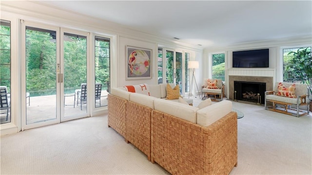 living room featuring carpet floors and ornamental molding