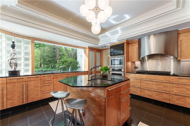 kitchen with wall chimney range hood, sink, an island with sink, appliances with stainless steel finishes, and a tray ceiling