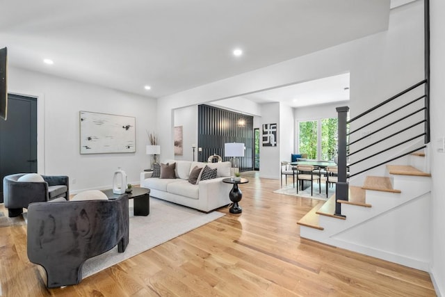 4366 Skyland Dr NE, Atlanta, GA 30342 - living area featuring recessed lighting, stairway, and wood finished floors