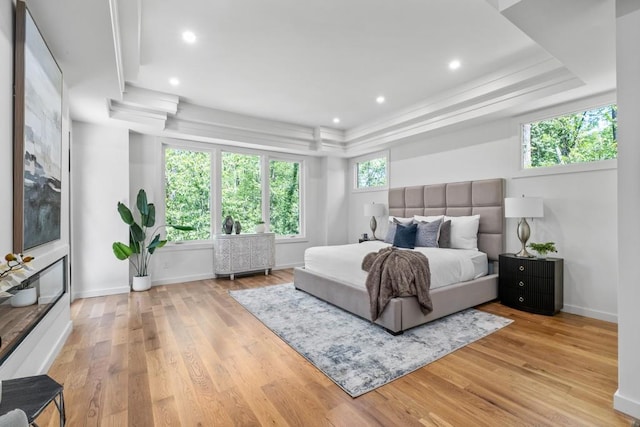 4366 Skyland Dr NE, Atlanta, GA 30342 - bedroom with a tray ceiling, light wood-style floors, baseboards, and recessed lighting