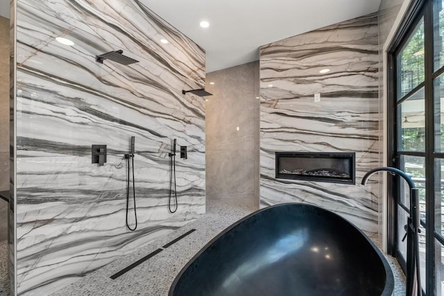 4366 Skyland Dr NE, Atlanta, GA 30342 - interior space featuring a sink, a marble finish shower, and recessed lighting