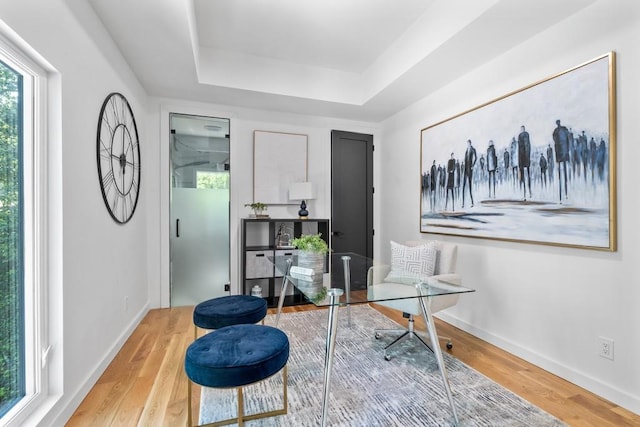 4366 Skyland Dr NE, Atlanta, GA 30342 - office featuring a raised ceiling, wood finished floors, and baseboards