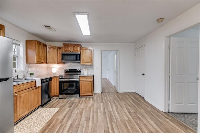 kitchen featuring appliances with stainless steel finishes, sink, backsplash, and light hardwood / wood-style floors