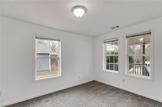 carpeted spare room with a textured ceiling