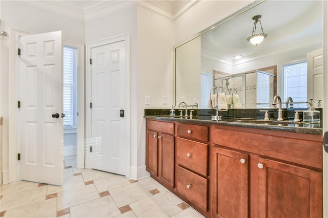 bathroom featuring crown molding, vanity, and a shower with door