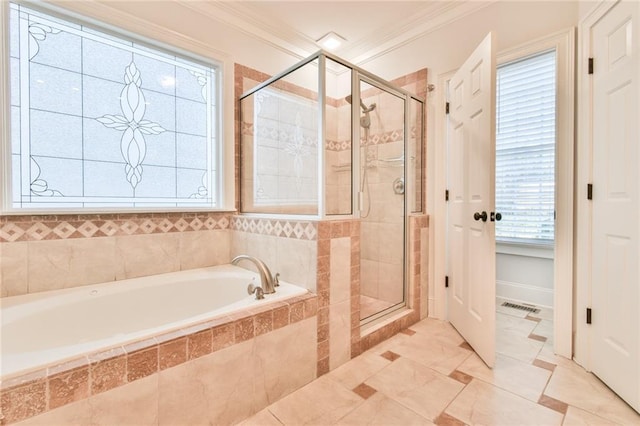 bathroom with independent shower and bath and crown molding