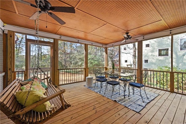 sunroom / solarium featuring ceiling fan and wooden ceiling