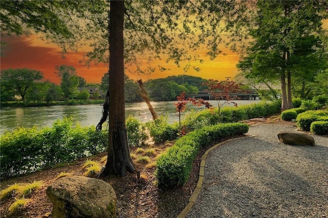 yard at dusk with a water view