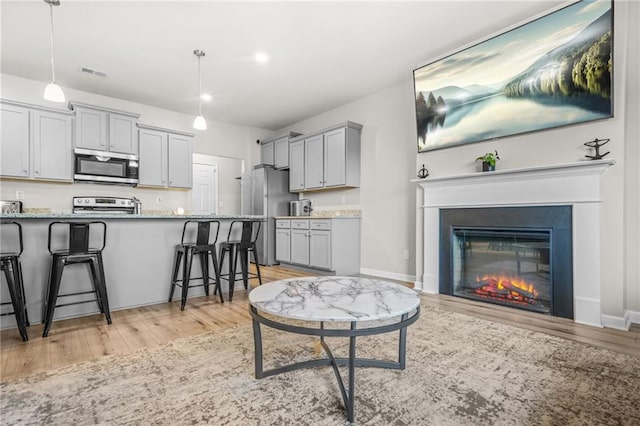 living area with a glass covered fireplace, light wood-style floors, and visible vents