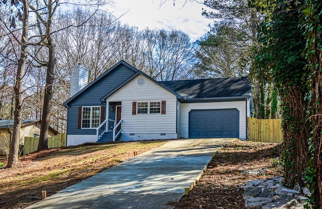 view of front of home with a garage, concrete driveway, a chimney, crawl space, and fence