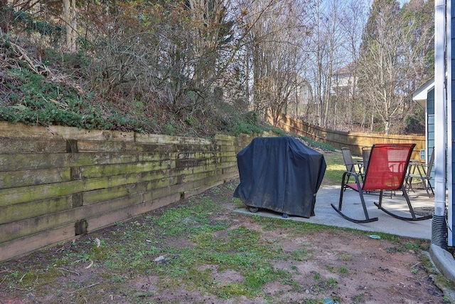 view of yard with a fenced backyard and a patio